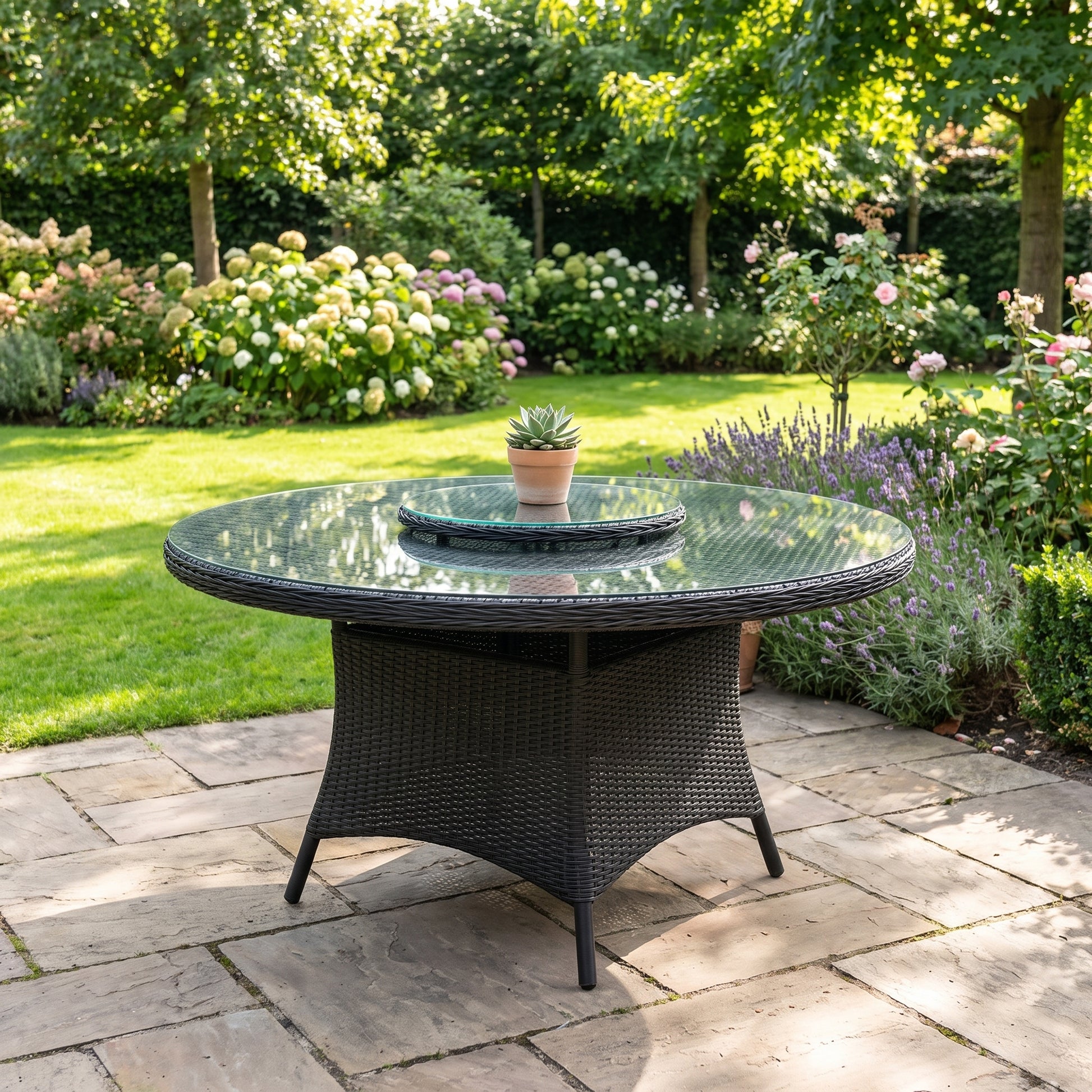 Rio Ronde Tuintafel 130 cm met glazen blad en bijna-zwart wicker in Rock Grey - Outnest tuinmeubelen
