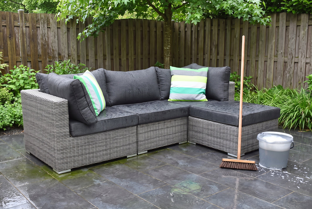 Loungeset op een schaduwrijk terras na een regenbui met lichte groene aanslag op de tegels
