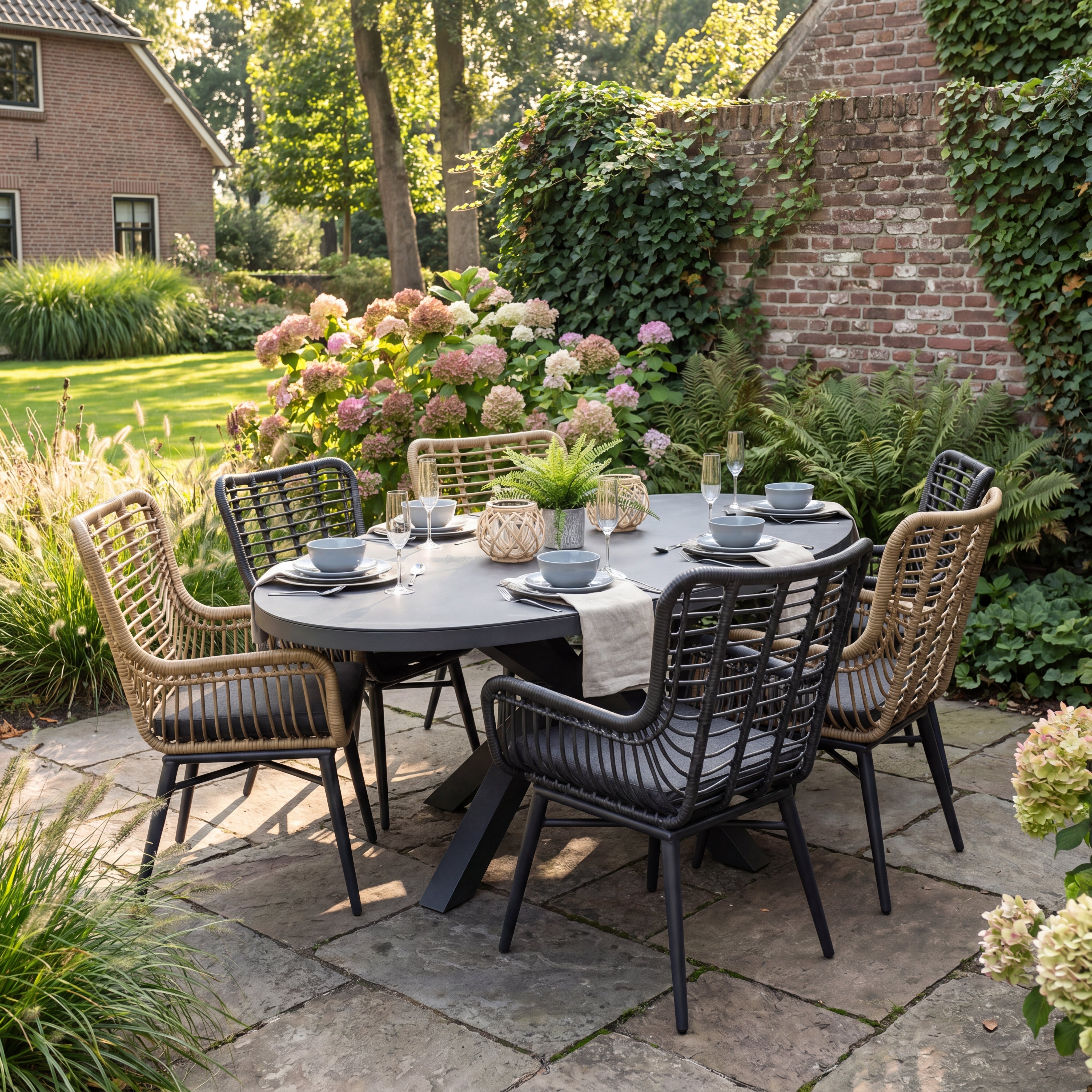 Akron-Alba Tuinset 6 Personen - Keramisch blad / Bamboo en Rock Grey