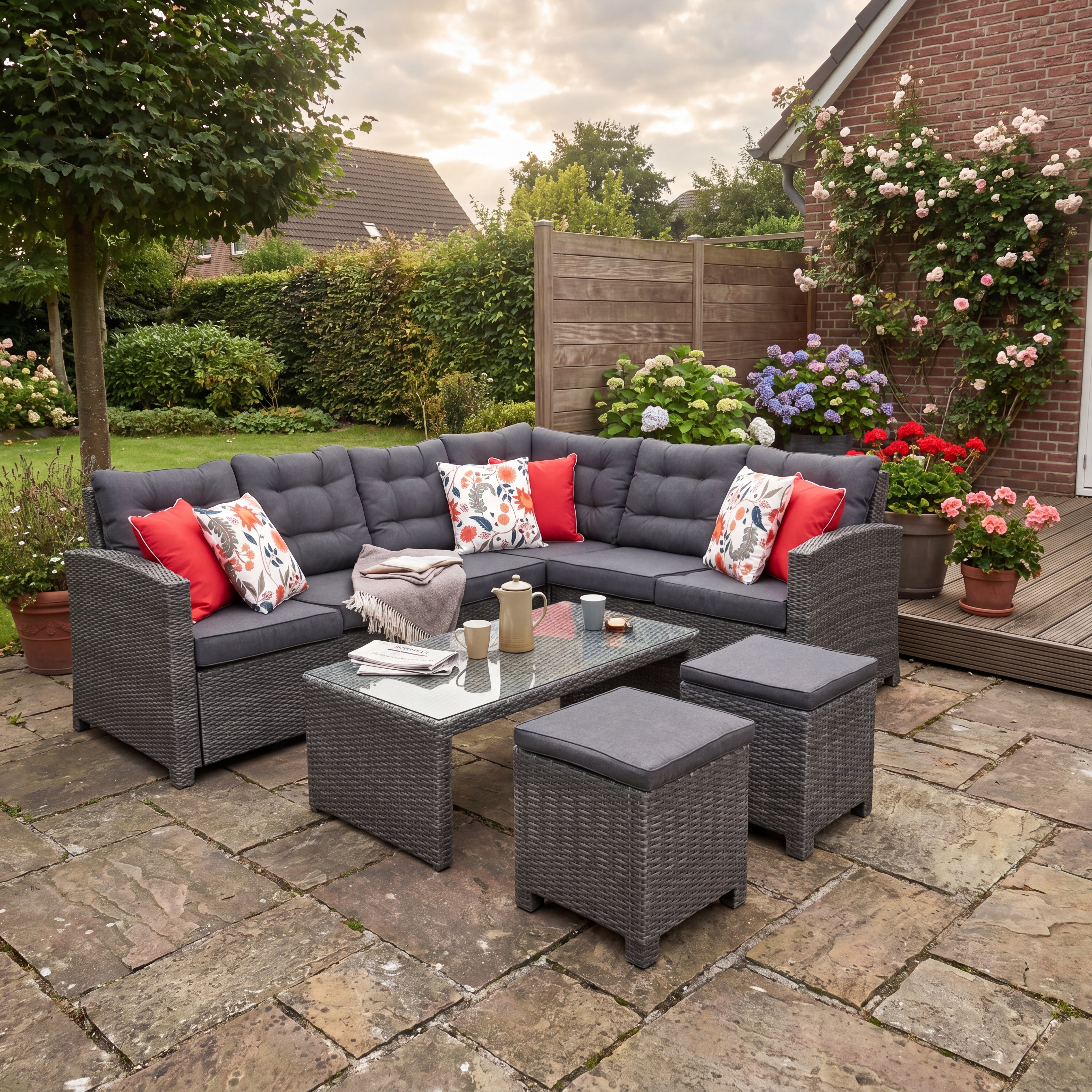 Las Palmas Hoek Loungeset - Dark Grey / Lage tafel, glas / Rechts