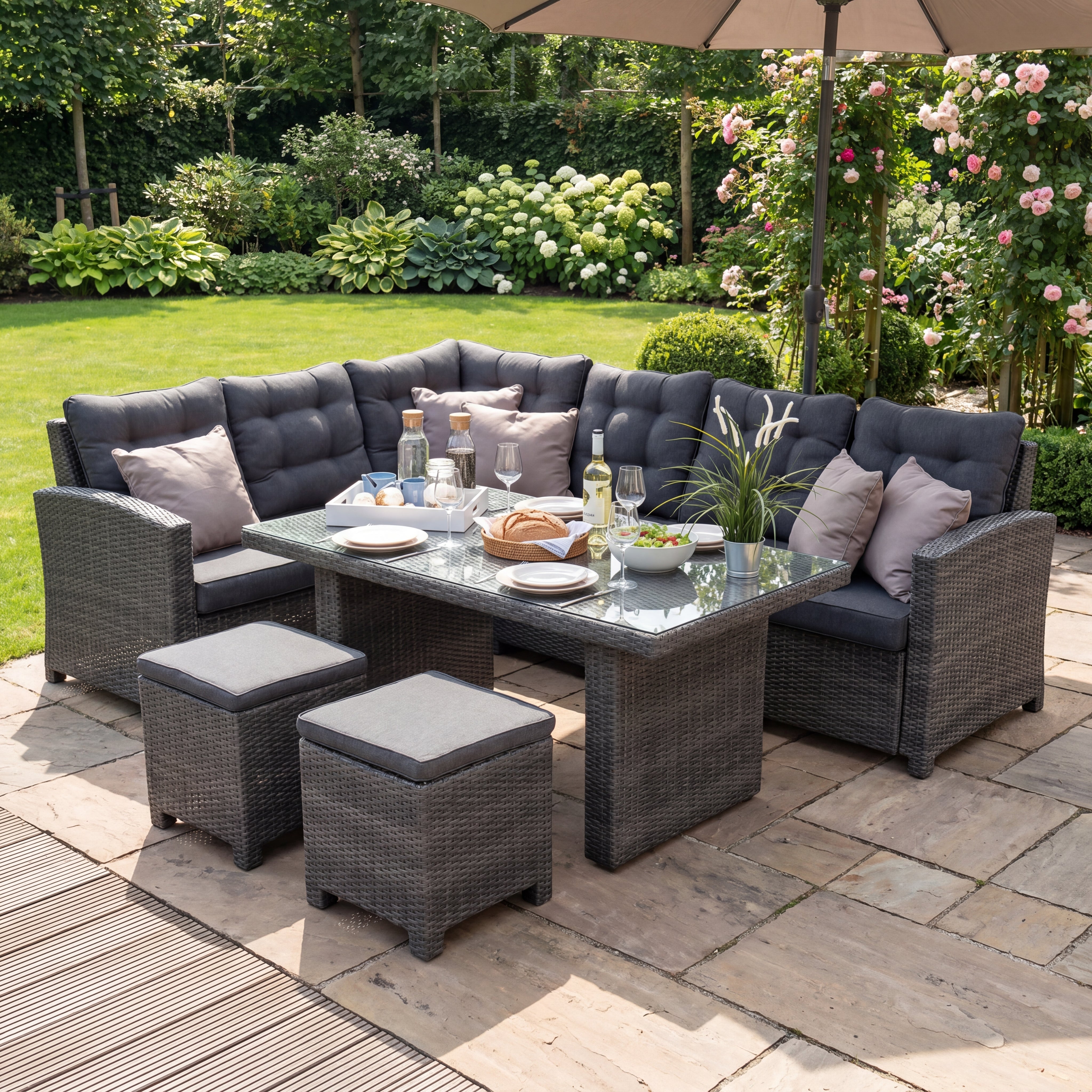 Las Palmas Dining Loungeset - Dark Grey / Hoge tafel, glas / Links