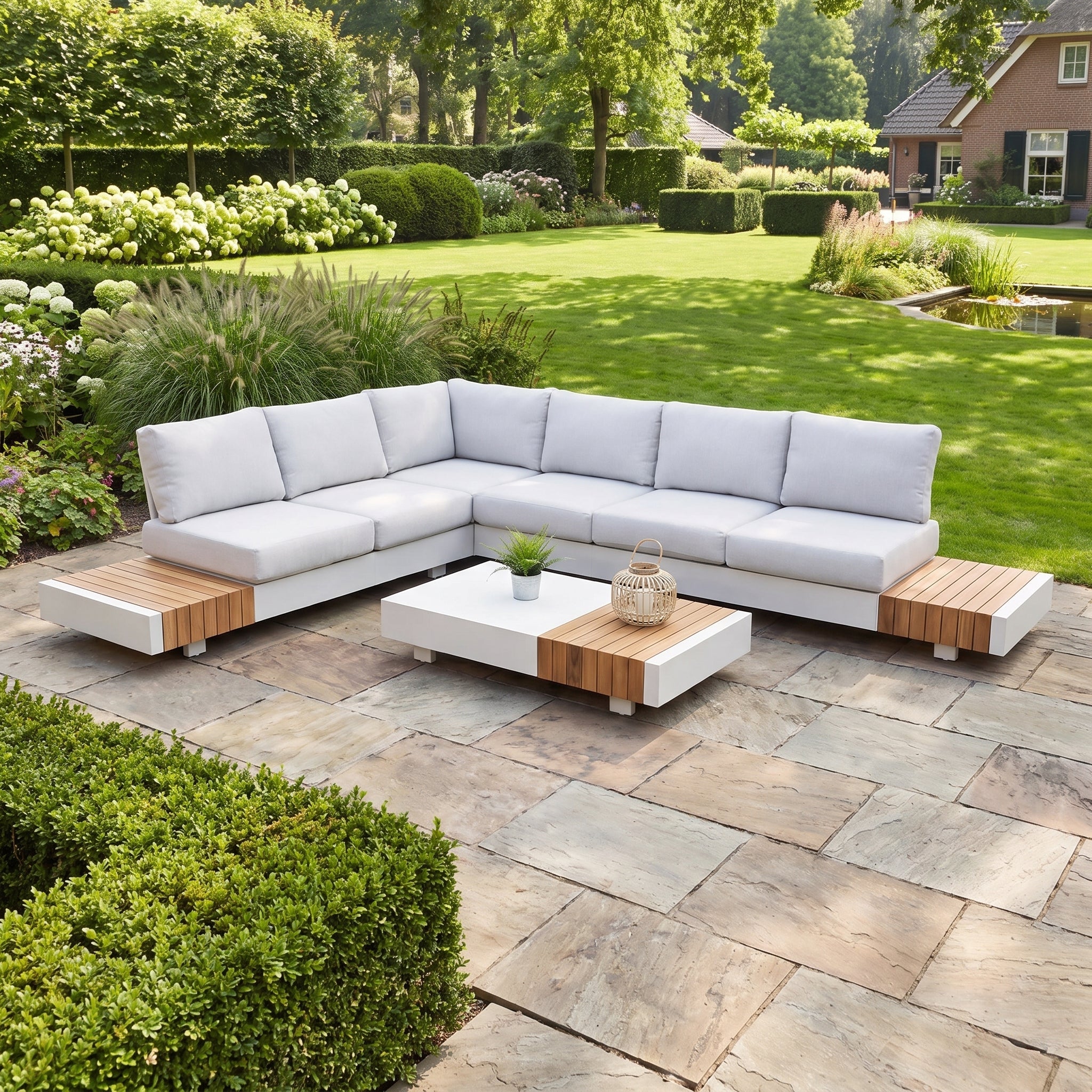 Athene Hoek Loungeset - White / Links in een sfeervolle tuin - Outnest tuinmeubelen