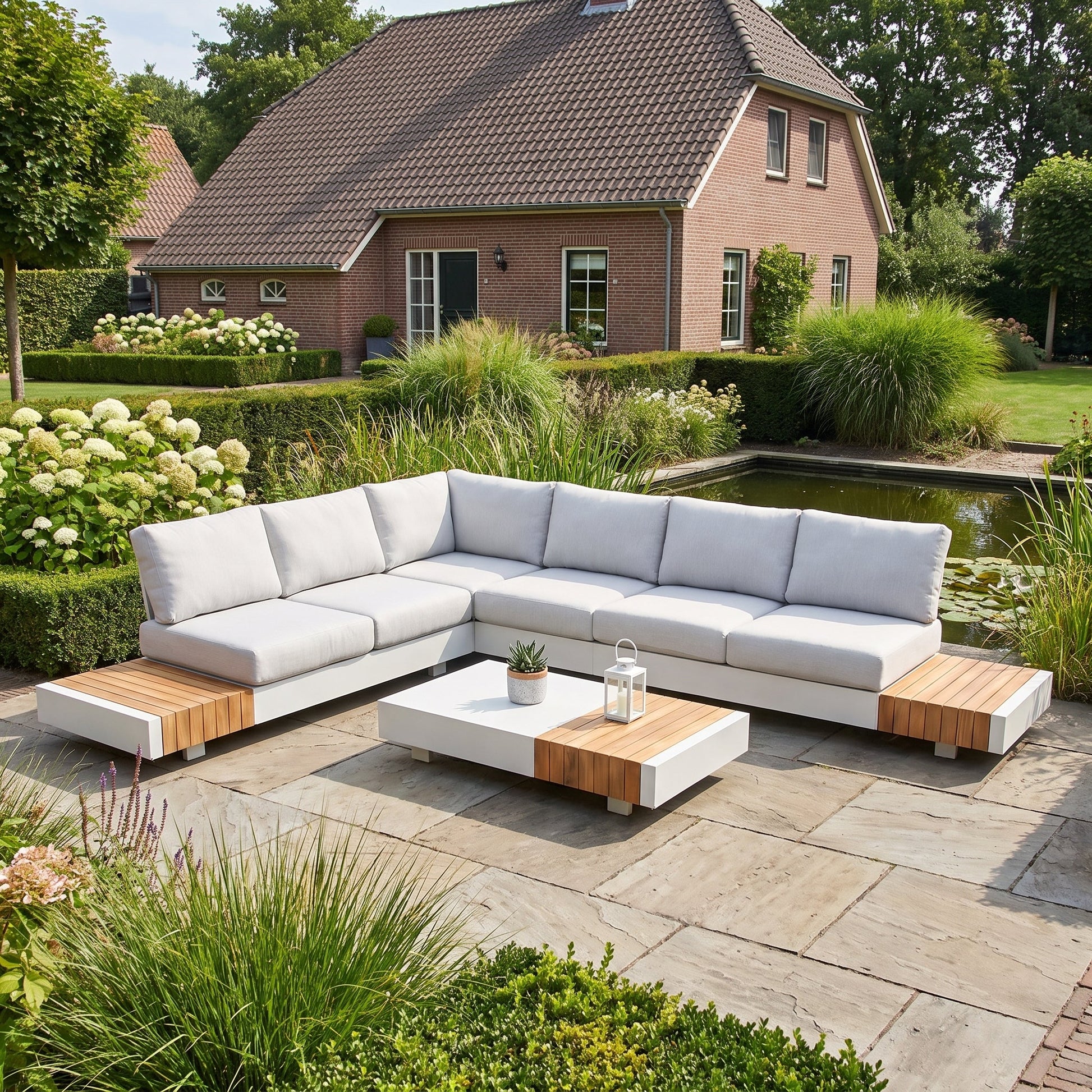 Athene Hoek Loungeset - White / Links in een sfeervolle tuin - Outnest tuinmeubelen