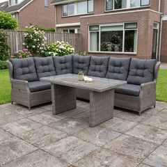 Barcelona Lounge Dining Hoekbank - Glas / Kobo Grey in een sfeervolle tuin - Outnest tuinmeubelen