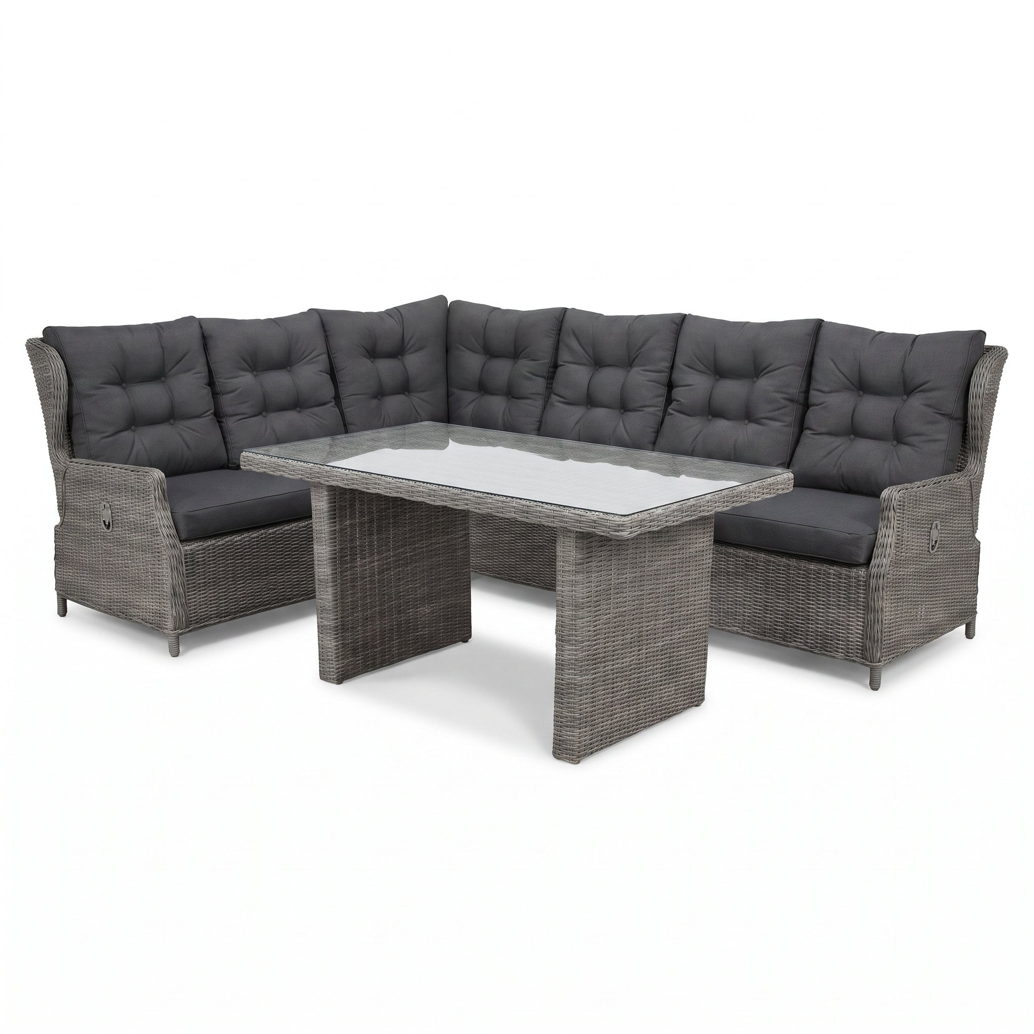 Barcelona Lounge Dining Hoekbank - Glas / Kobo Grey in een sfeervolle tuin - Outnest tuinmeubelen