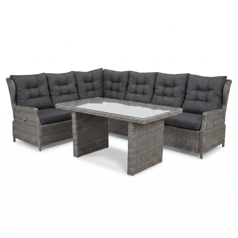 Barcelona Lounge Dining Hoekbank - Glas / Kobo Grey in een sfeervolle tuin - Outnest tuinmeubelen