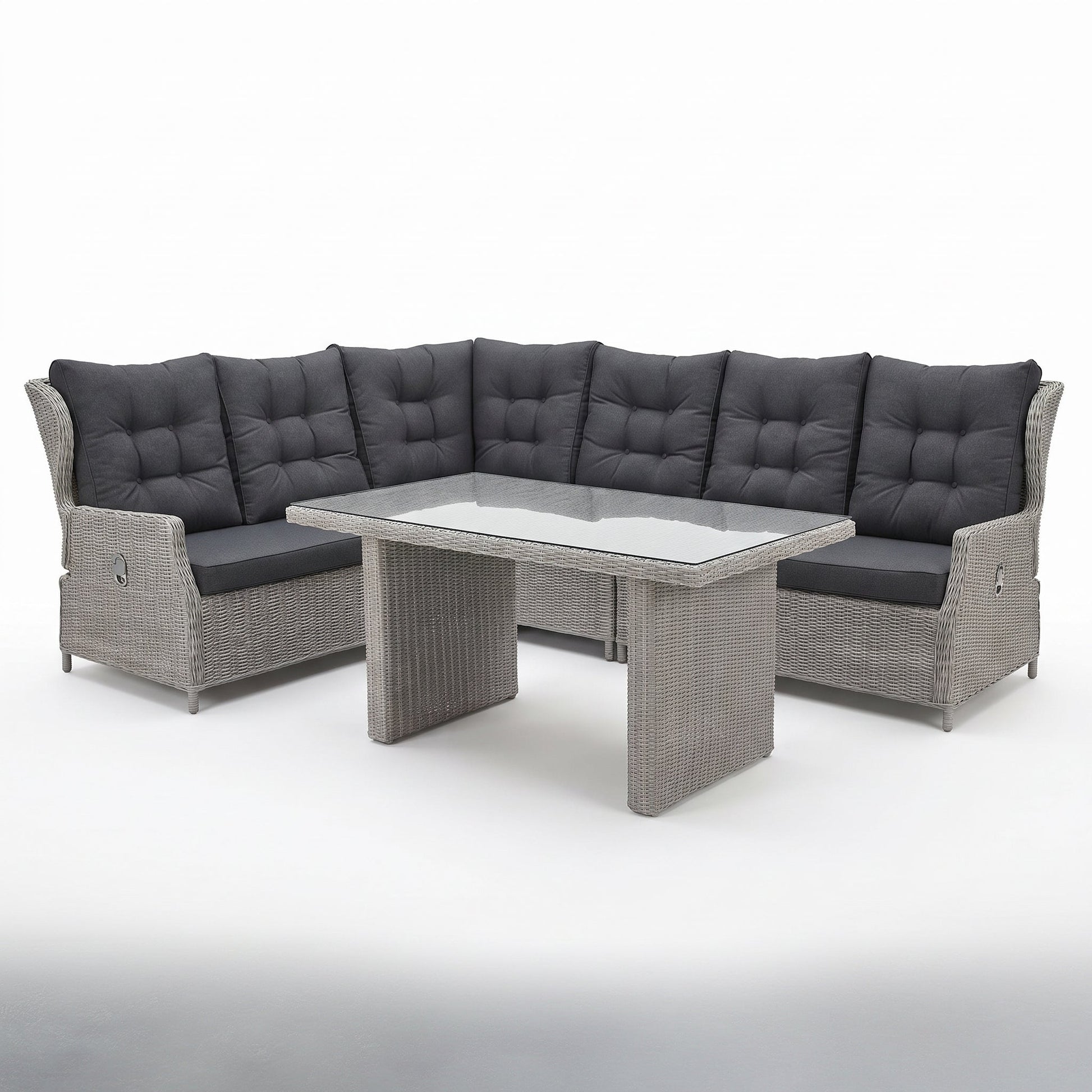 Barcelona Lounge Dining Hoekbank - Glas / Light Kobo Grey in een sfeervolle tuin - Outnest tuinmeubelen