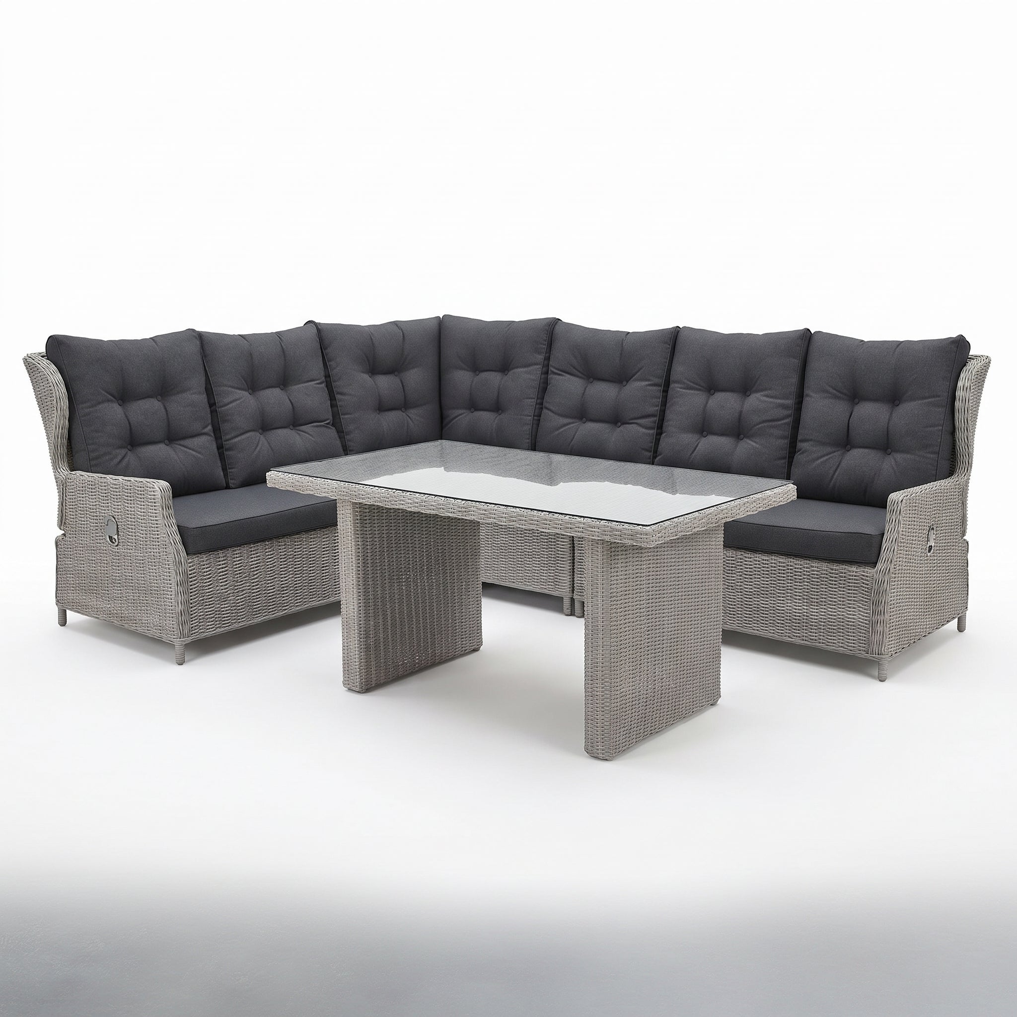 Barcelona Lounge Dining Hoekbank - Glas / Light Kobo Grey in een sfeervolle tuin - Outnest tuinmeubelen