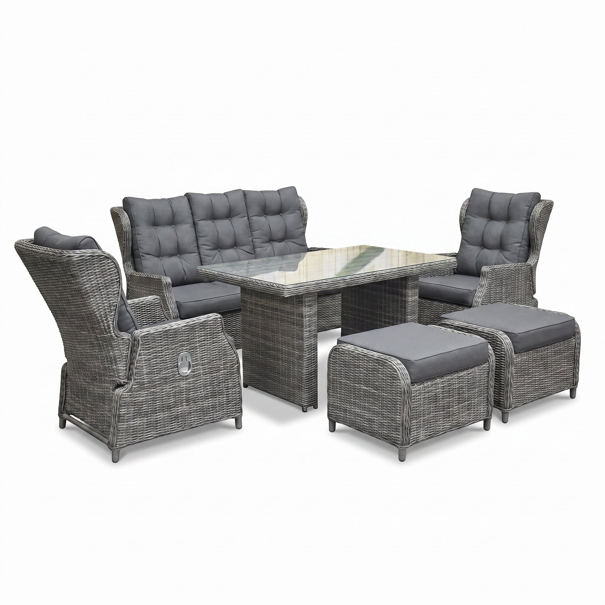 Barcelona Verstelbare Dining Loungeset 2-zits + 2 stoelen - Glas / Kobo Grey in een sfeervolle tuin - Outnest tuinmeubelen