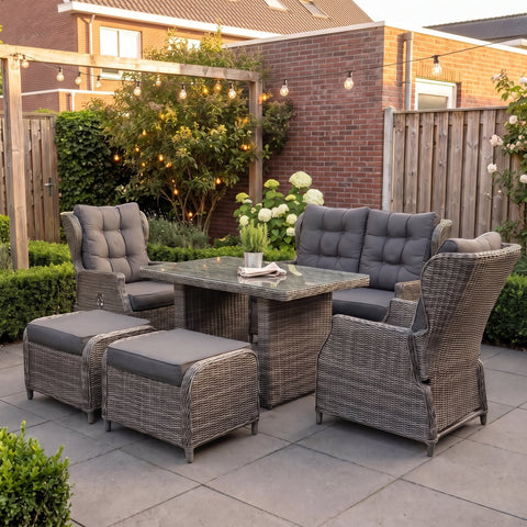 Barcelona Verstelbare Dining Loungeset 2-zits + 2 stoelen - Glas / Kobo Grey in een sfeervolle tuin - Outnest tuinmeubelen