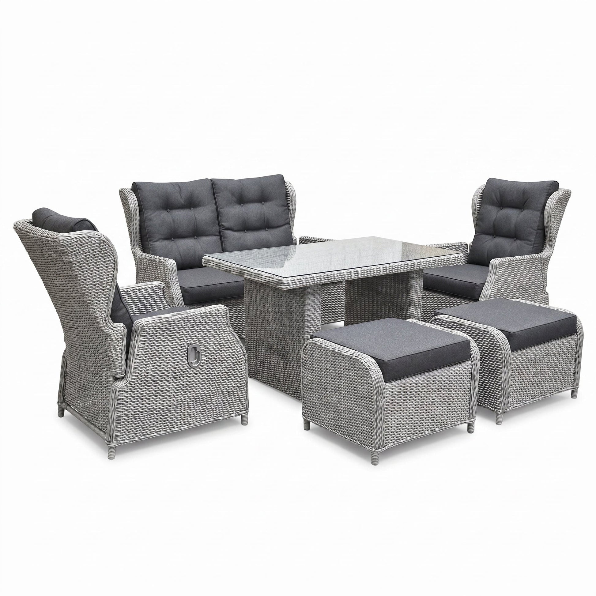Barcelona Verstelbare Dining Loungeset 2-zits + 2 stoelen - Glas / Light Kobo Grey in een sfeervolle tuin - Outnest