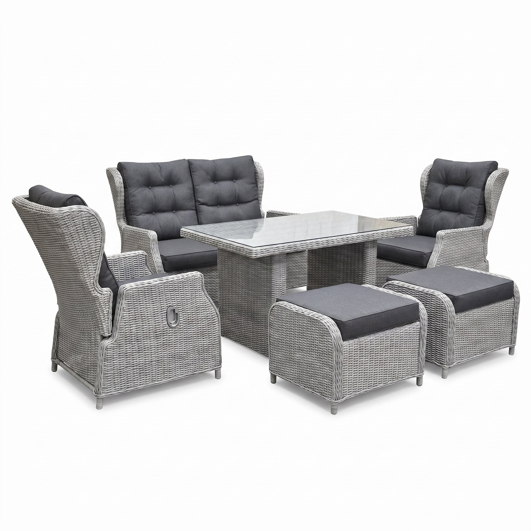 Barcelona Verstelbare Dining Loungeset 2-zits + 2 stoelen - Glas / Light Kobo Grey in een sfeervolle tuin - Outnest