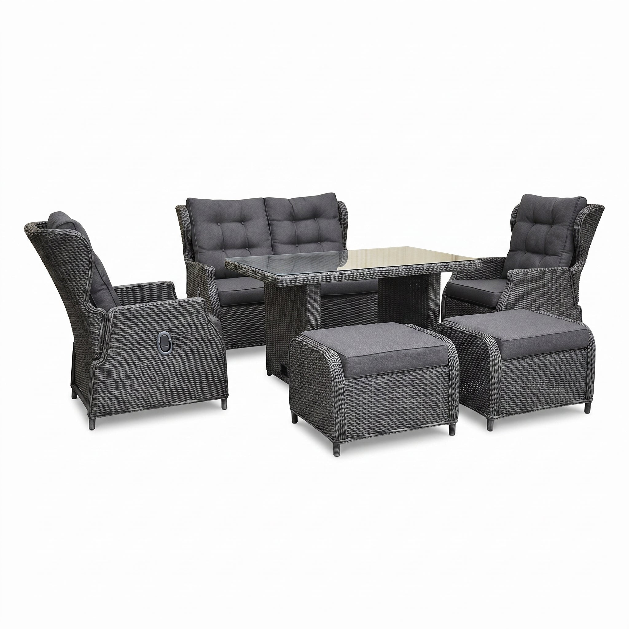 Barcelona Verstelbare Dining Loungeset 2-zits + 2 stoelen - Glas / Rock Grey in een sfeervolle tuin - Outnest tuinmeubelen