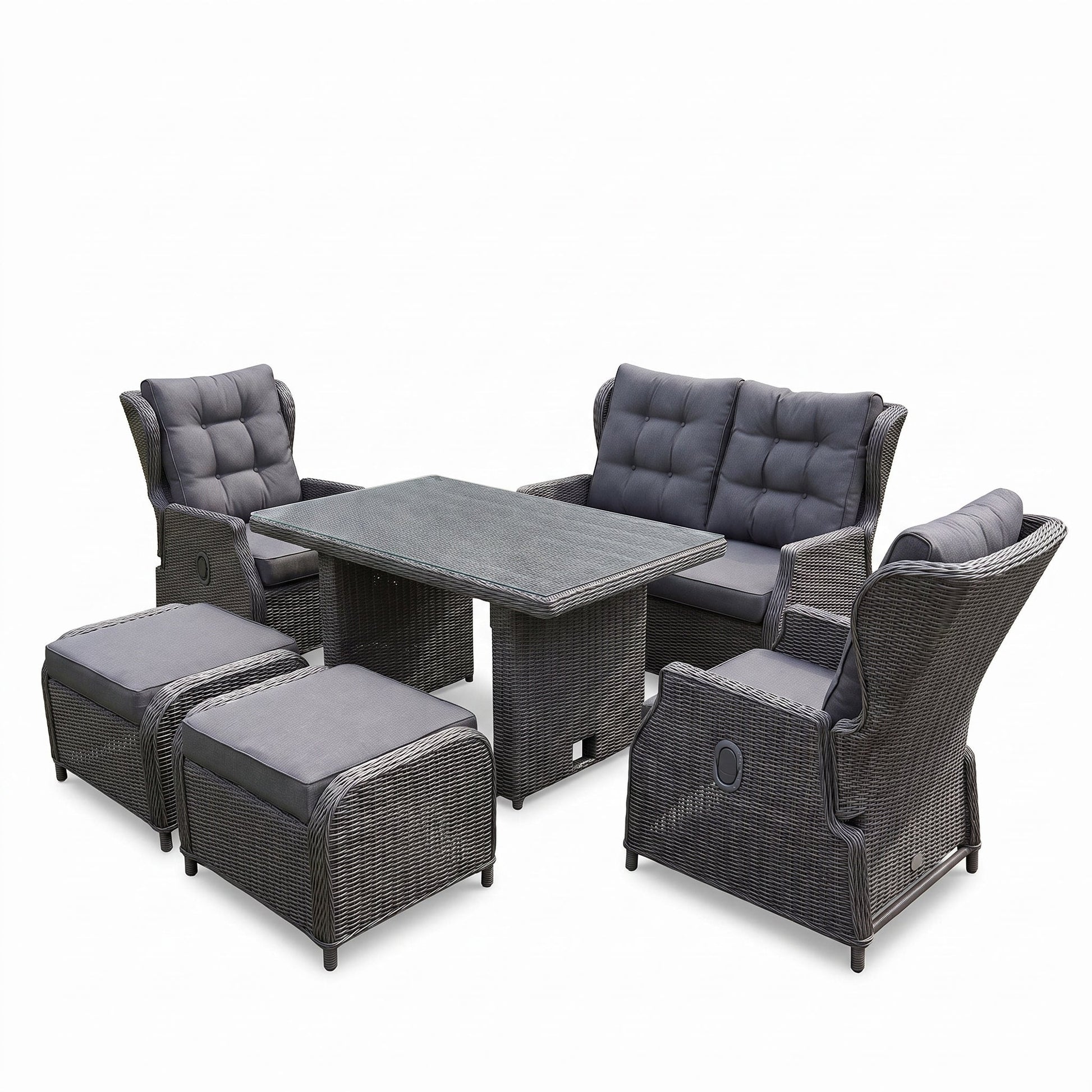 Barcelona Verstelbare Dining Loungeset 2-zits + 2 stoelen - Glas / Rock Grey in een sfeervolle tuin - Outnest tuinmeubelen