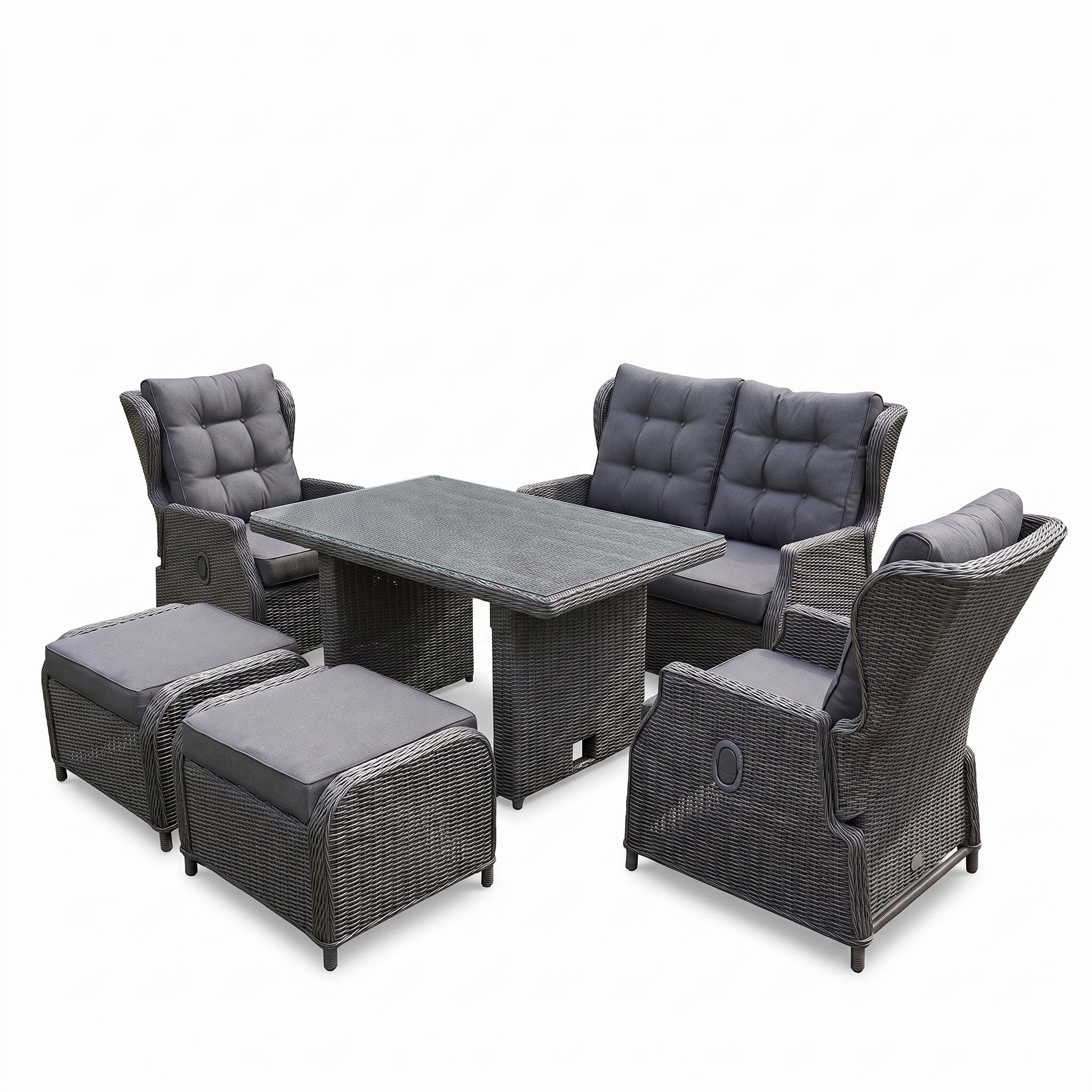 Barcelona Verstelbare Dining Loungeset 2-zits + 2 stoelen - Glas / Rock Grey in een sfeervolle tuin - Outnest tuinmeubelen