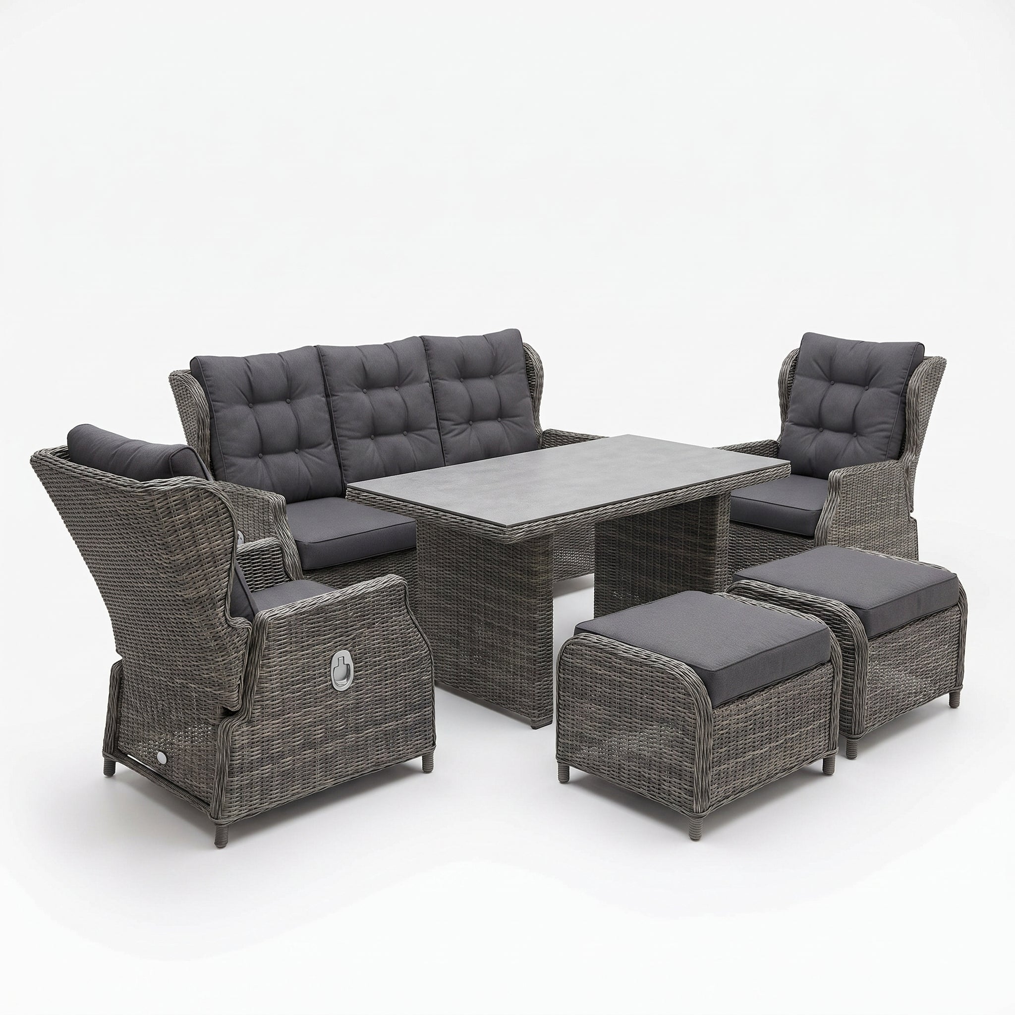 Barcelona Verstelbare Dining Loungeset 2-zits + 2 stoelen - Spraystone / Kobo Grey in een sfeervolle tuin - Outnest