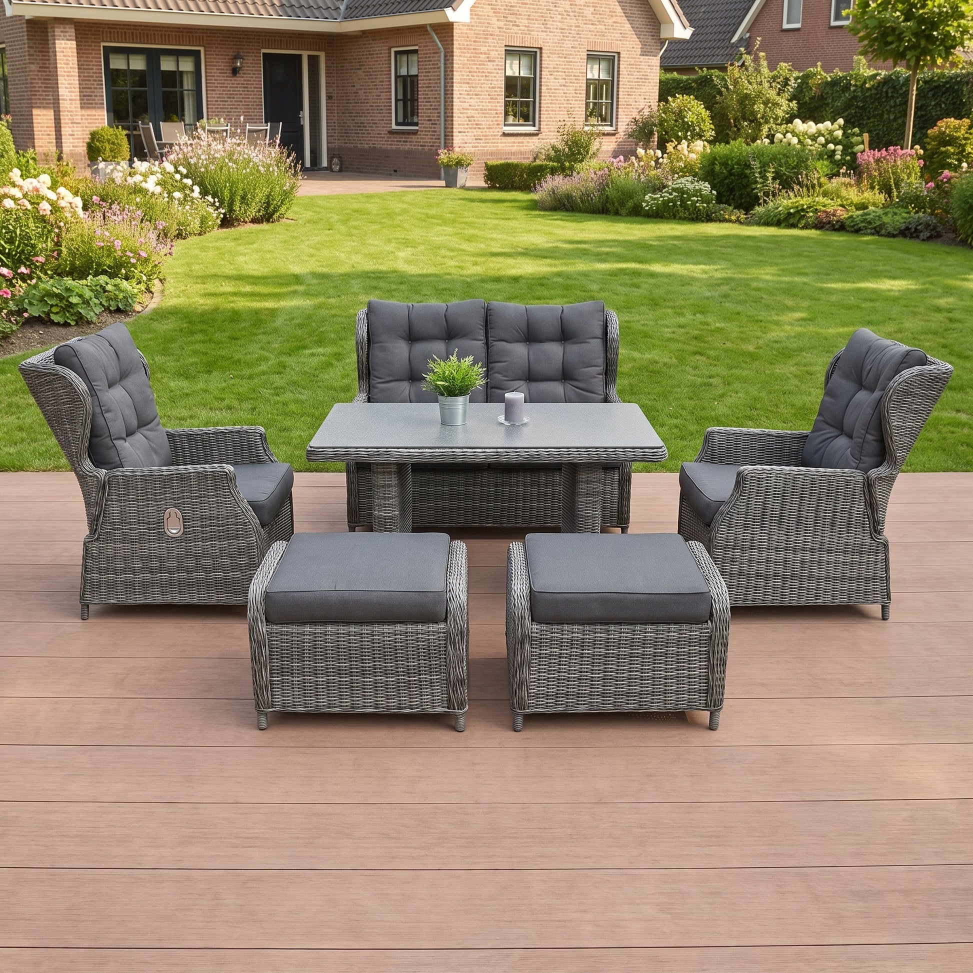 Barcelona Verstelbare Dining Loungeset 2-zits + 2 stoelen - Spraystone / Kobo Grey in een sfeervolle tuin - Outnest