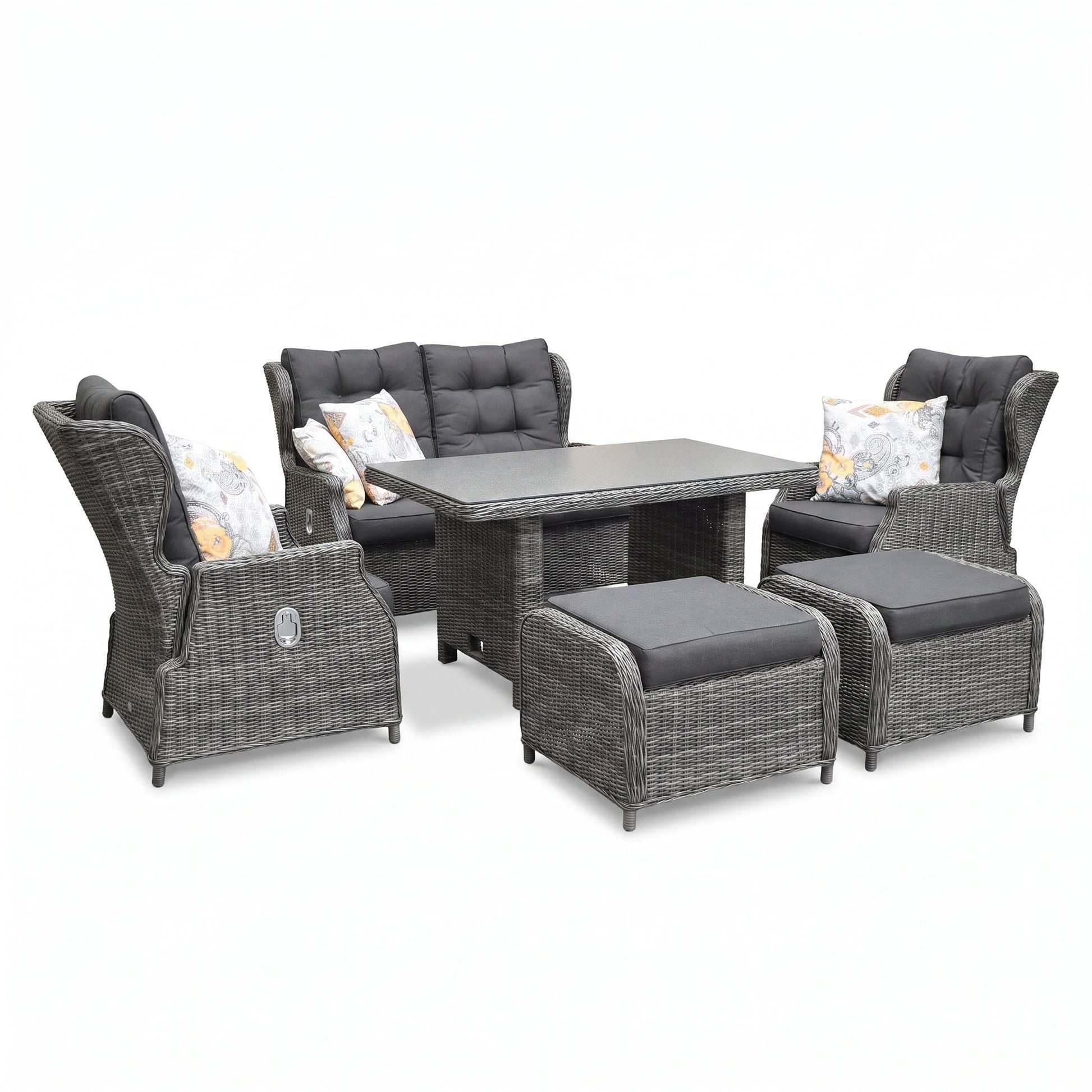 Barcelona Verstelbare Dining Loungeset 2-zits + 2 stoelen - Spraystone / Kobo Grey in een sfeervolle tuin - Outnest