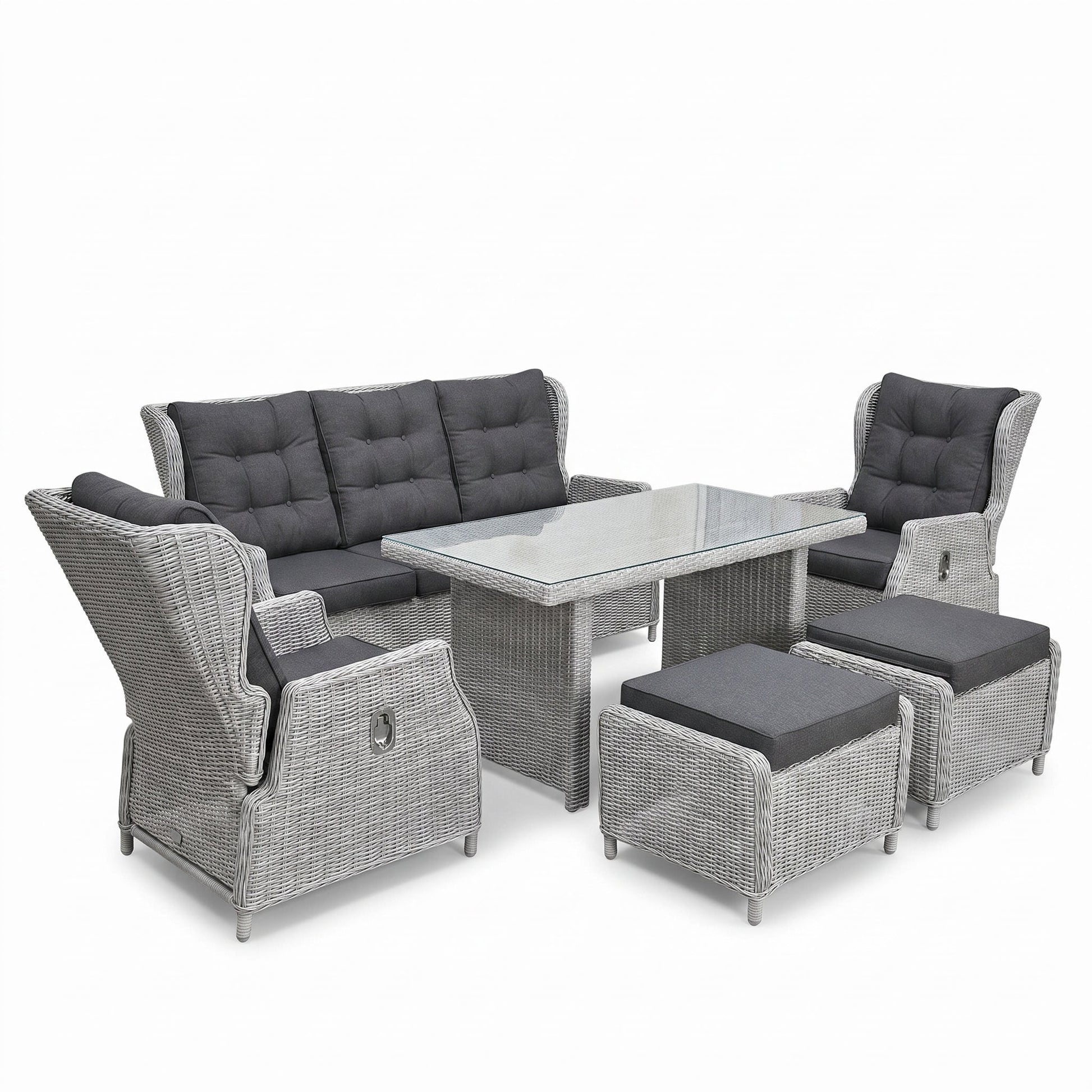 Barcelona Verstelbare Dining Loungeset 3-zits + 2 stoelen - Light Kobo Grey in een sfeervolle tuin - Outnest tuinmeubelen