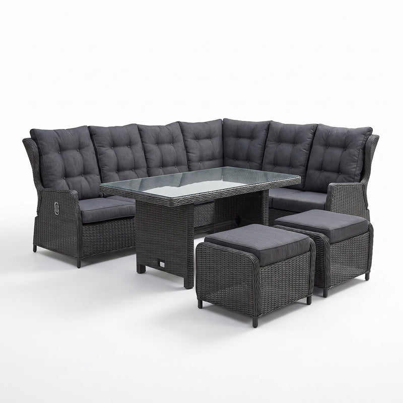 Barcelona Verstelbare Dining Loungeset 3-zits + 2 stoelen - Rock Grey in een sfeervolle tuin - Outnest tuinmeubelen