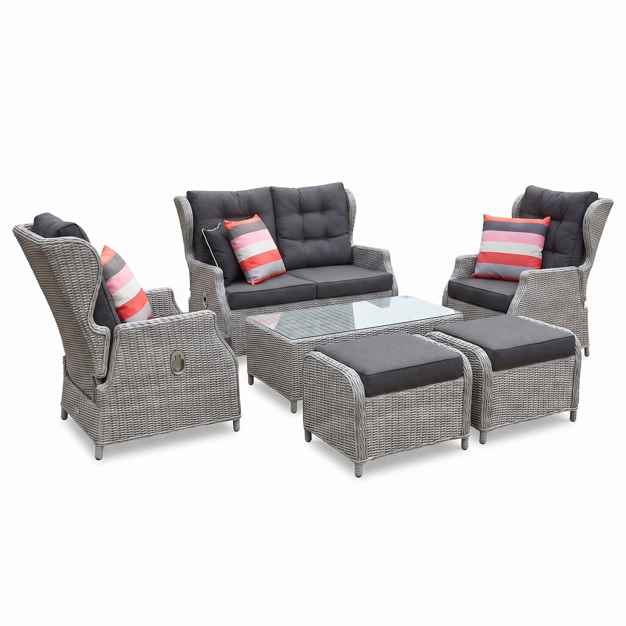 Barcelona Verstelbare Loungeset 2-zits + 2 stoelen + lage tafel - Light Kobo Grey in een sfeervolle tuin - Outnest