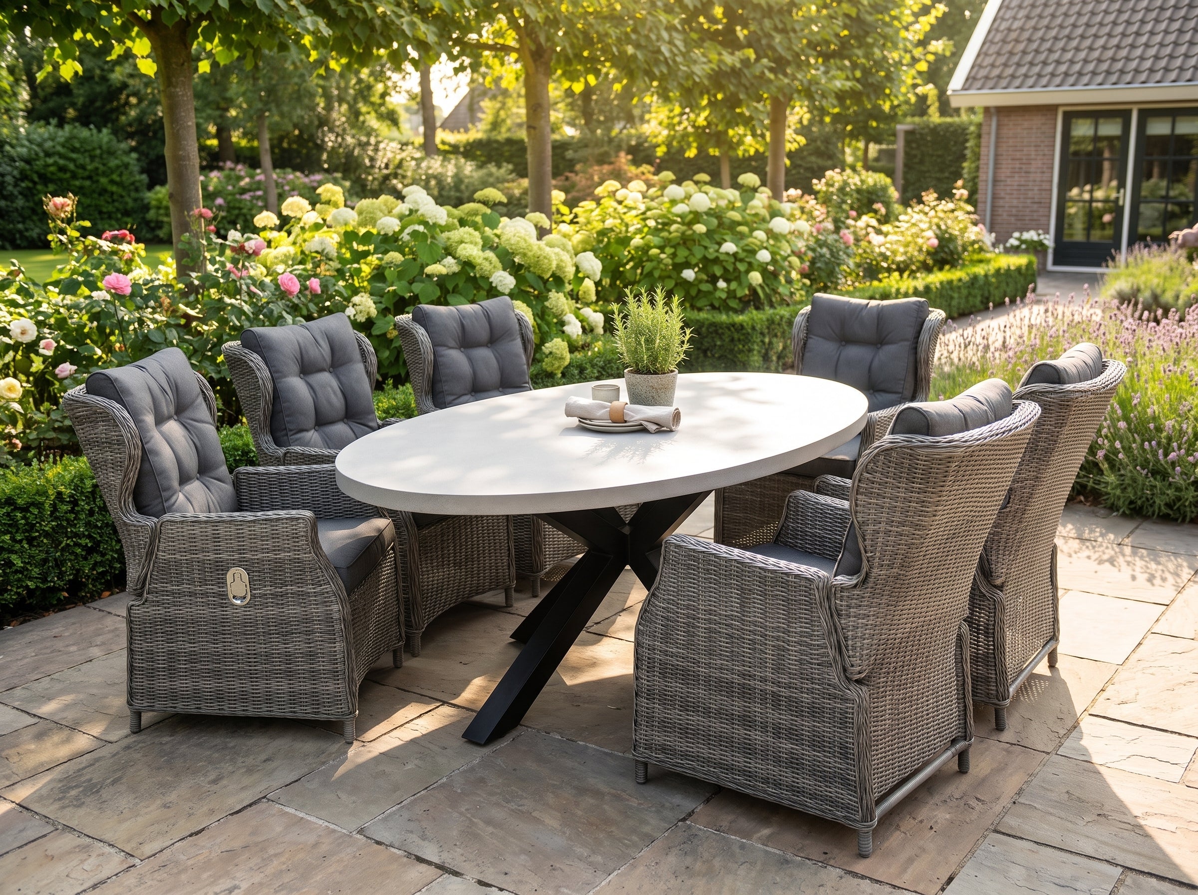 Bixley-Barcelona Verstelbare Tuinset 6 Personen - Polystone / Kobo Grey in een sfeervolle tuin - Outnest tuinmeubelen