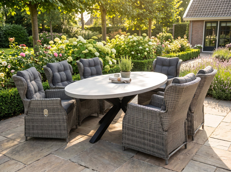 Bixley-Barcelona Verstelbare Tuinset 6 Personen - Polystone / Kobo Grey in een sfeervolle tuin - Outnest tuinmeubelen