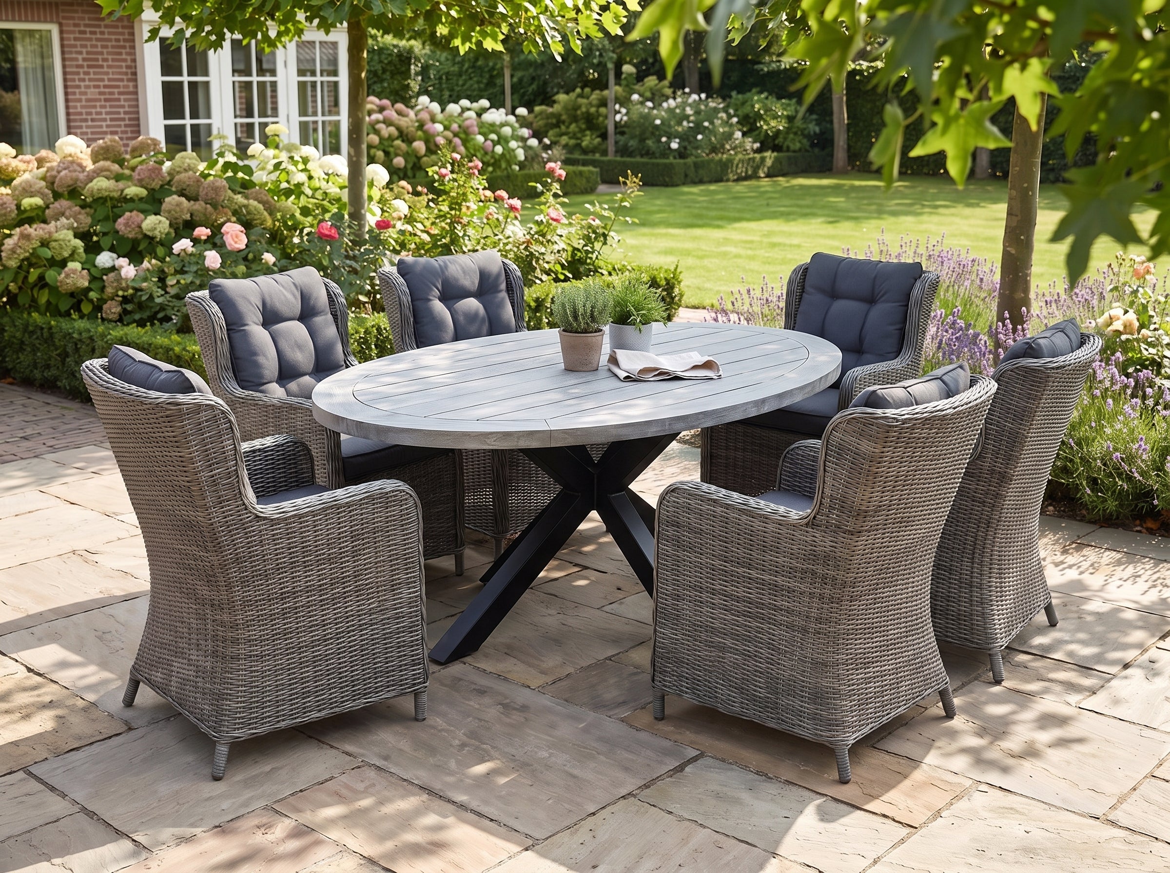 Bixley-Delano Tuinset 6 Personen - Acacia / Kobo Grey in een sfeervolle tuin - Outnest tuinmeubelen