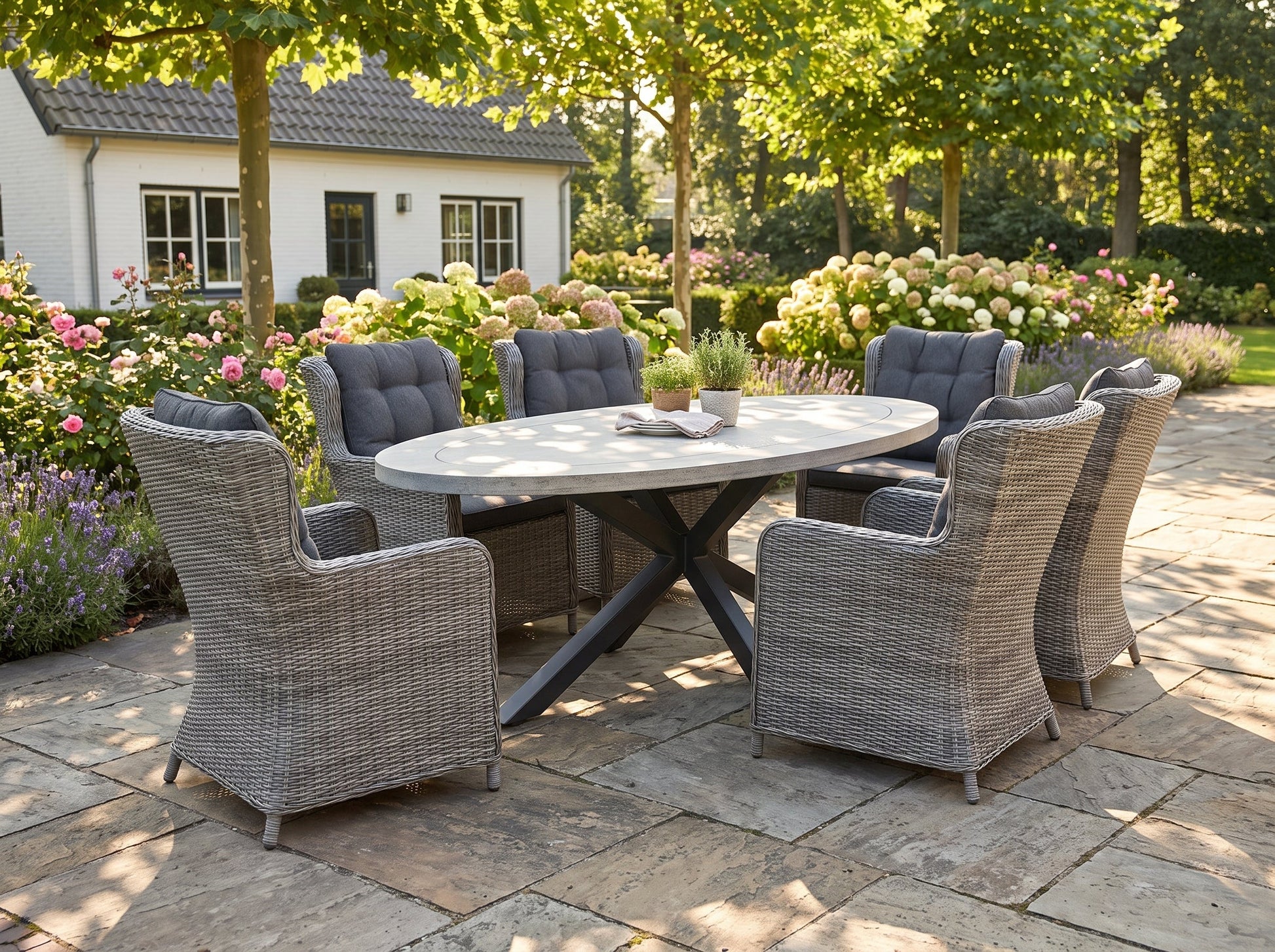 Bixley-Delano Tuinset 6 Personen - Acacia / Natural Grey in een sfeervolle tuin - Outnest tuinmeubelen