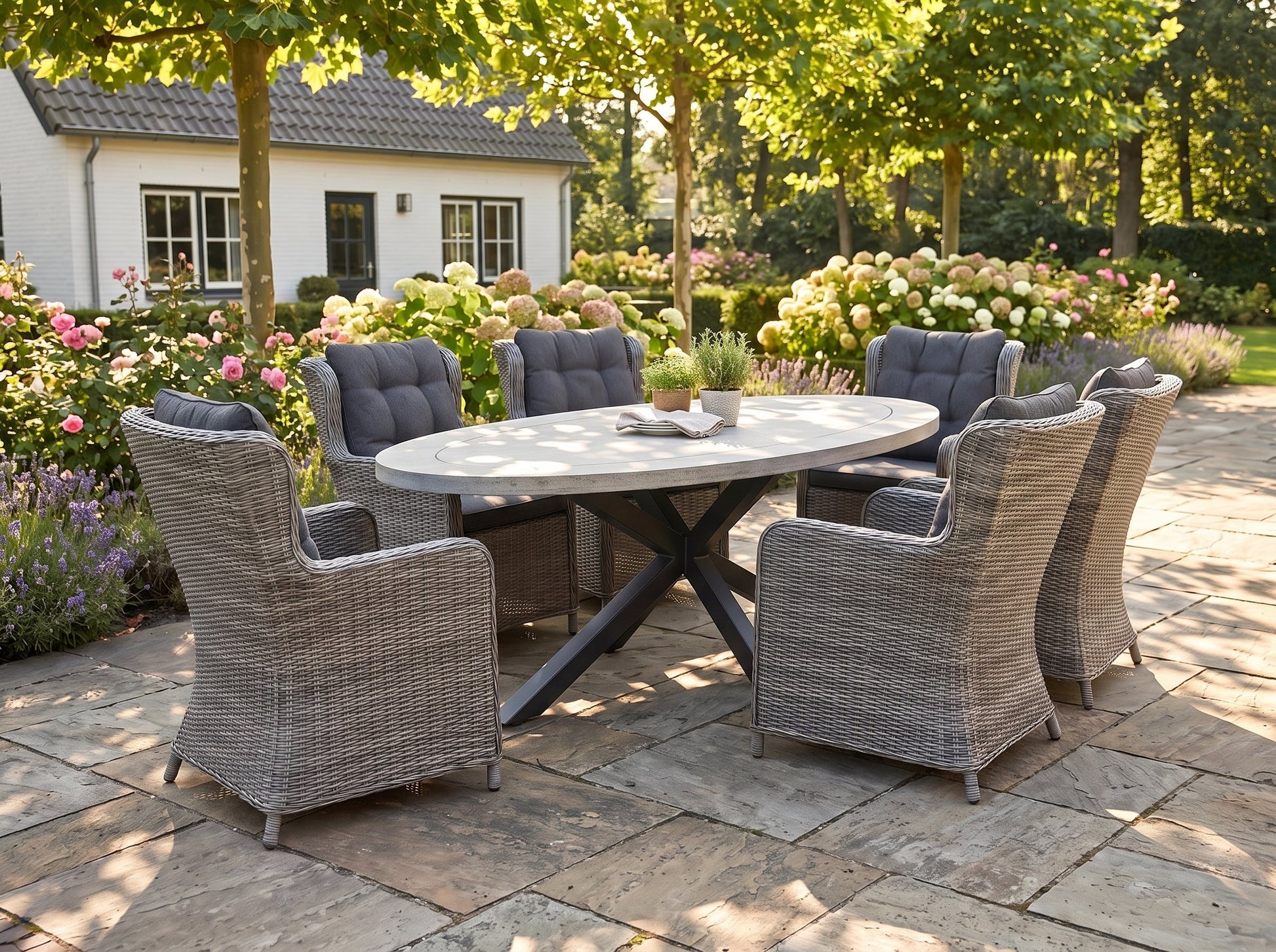 Bixley-Delano Tuinset 6 Personen - Acacia / Natural Grey in een sfeervolle tuin - Outnest tuinmeubelen