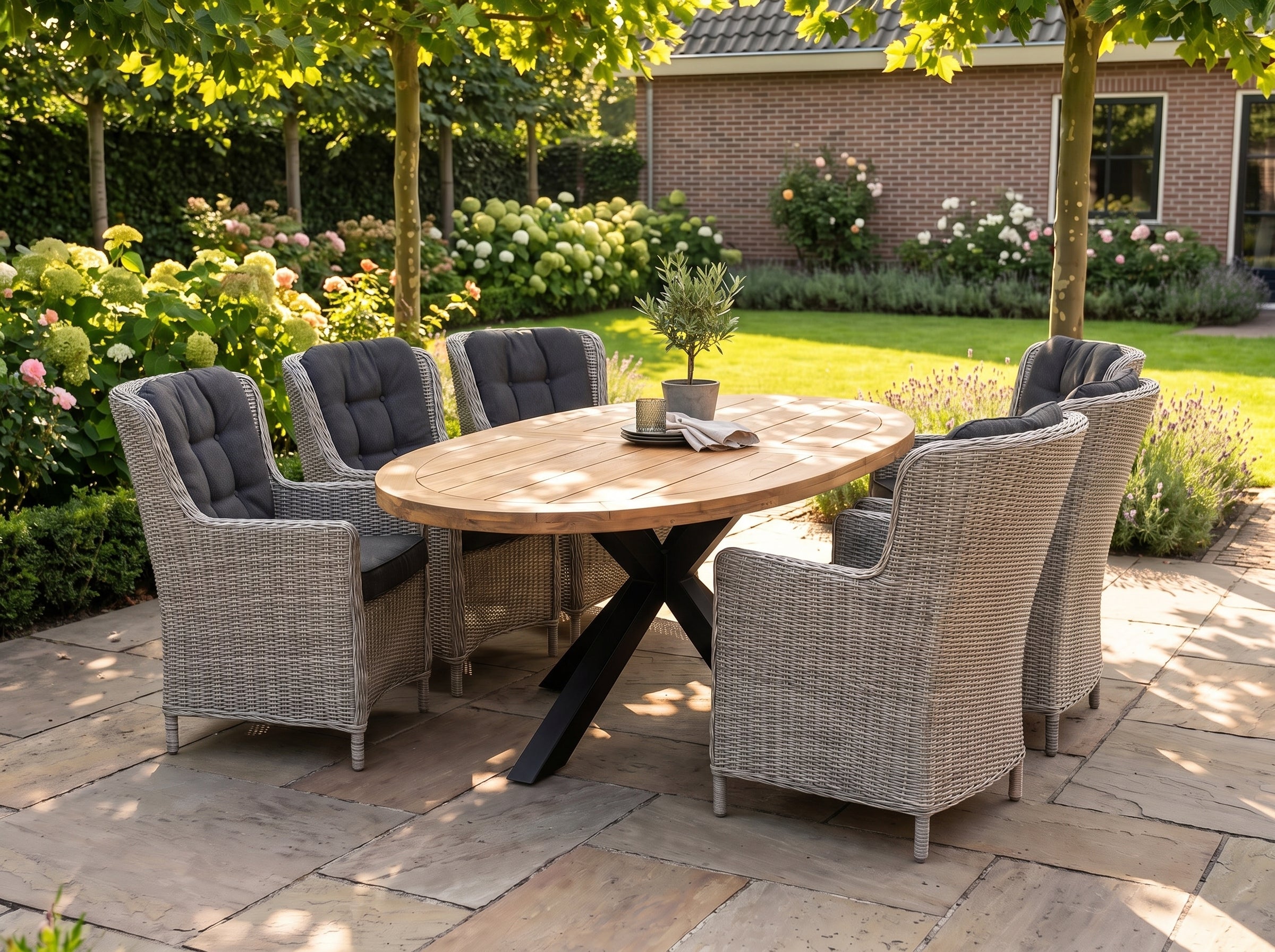 Bixley-Marina Tuinset 6 Personen - Acacia / Light Kobo Grey in een sfeervolle tuin - Outnest tuinmeubelen
