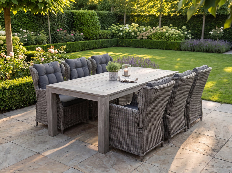 Cancun-Barcelona Verstelbare Tuinset 6 Personen - Acacia / Kobo Grey in een sfeervolle tuin - Outnest tuinmeubelen