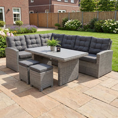 Denver Dining Loungeset - Spraystone / Natural Grey in een sfeervolle tuin - Outnest tuinmeubelen