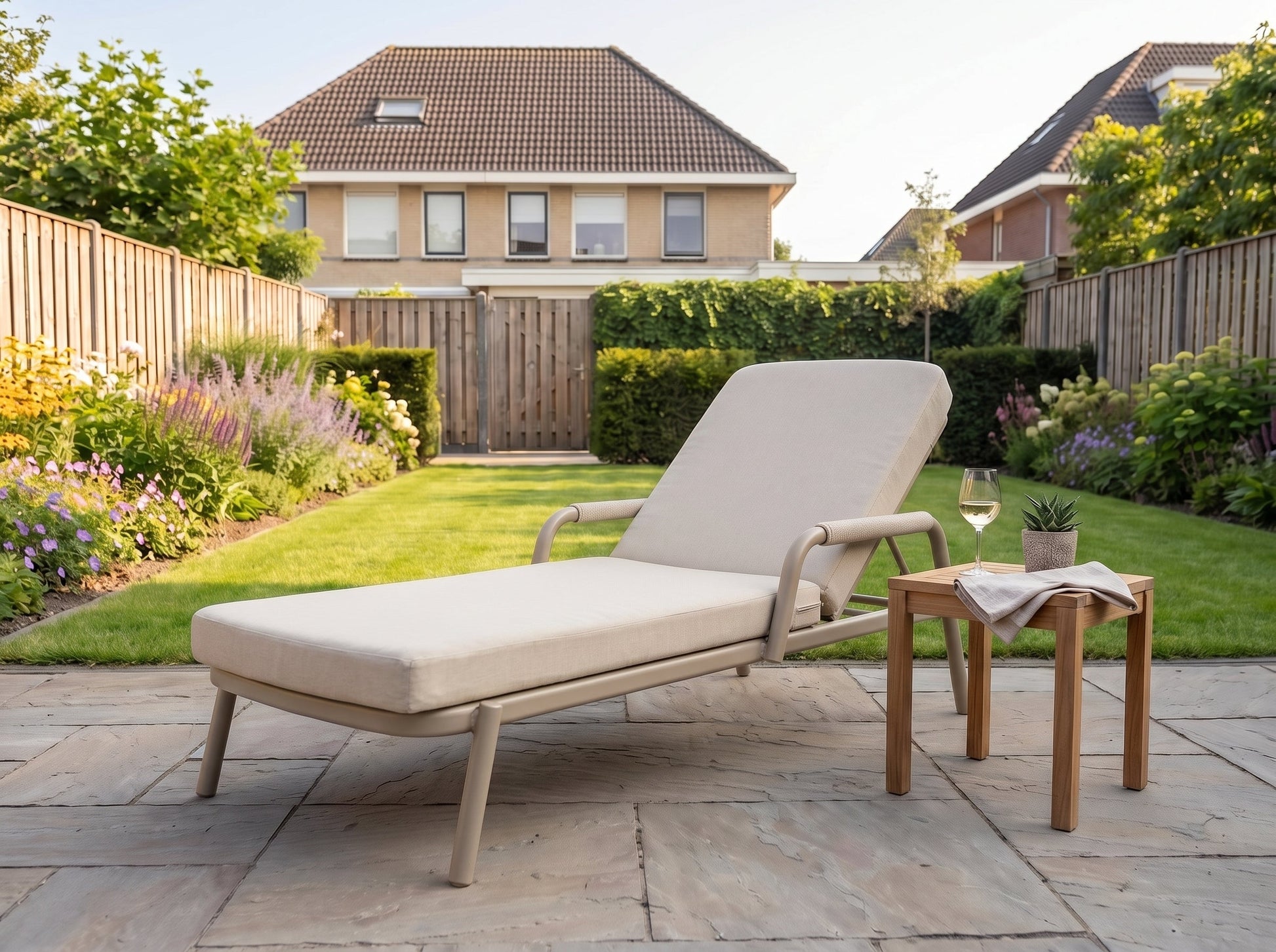 Egina Ligbed - Beige in een sfeervolle tuin - Outnest tuinmeubelen