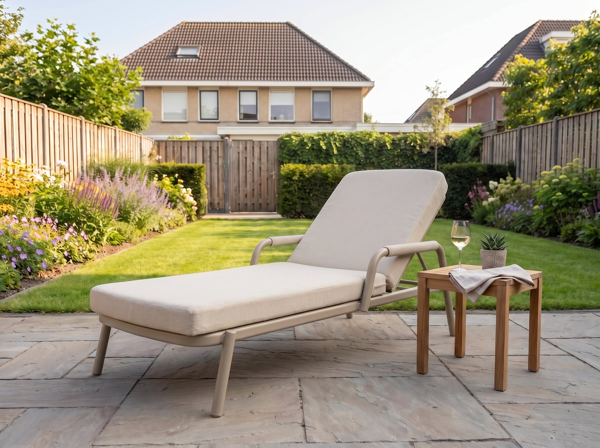 Egina Ligbed - Beige in een sfeervolle tuin - Outnest tuinmeubelen