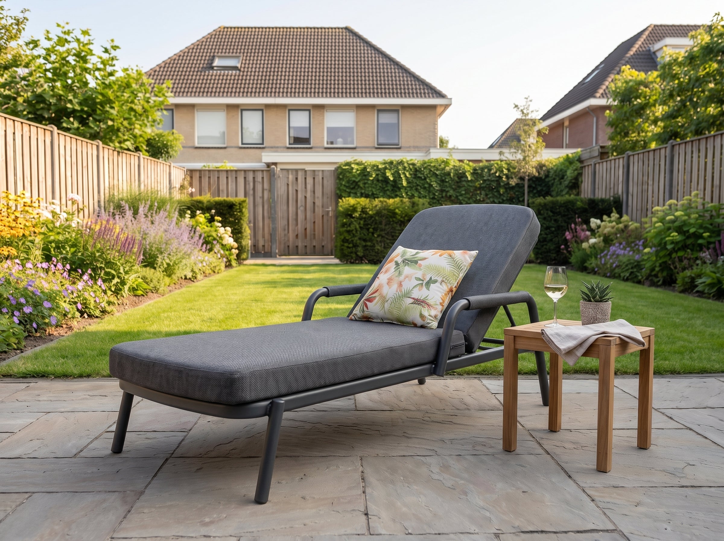 Egina Ligbed - Beige in een sfeervolle tuin - Outnest tuinmeubelen