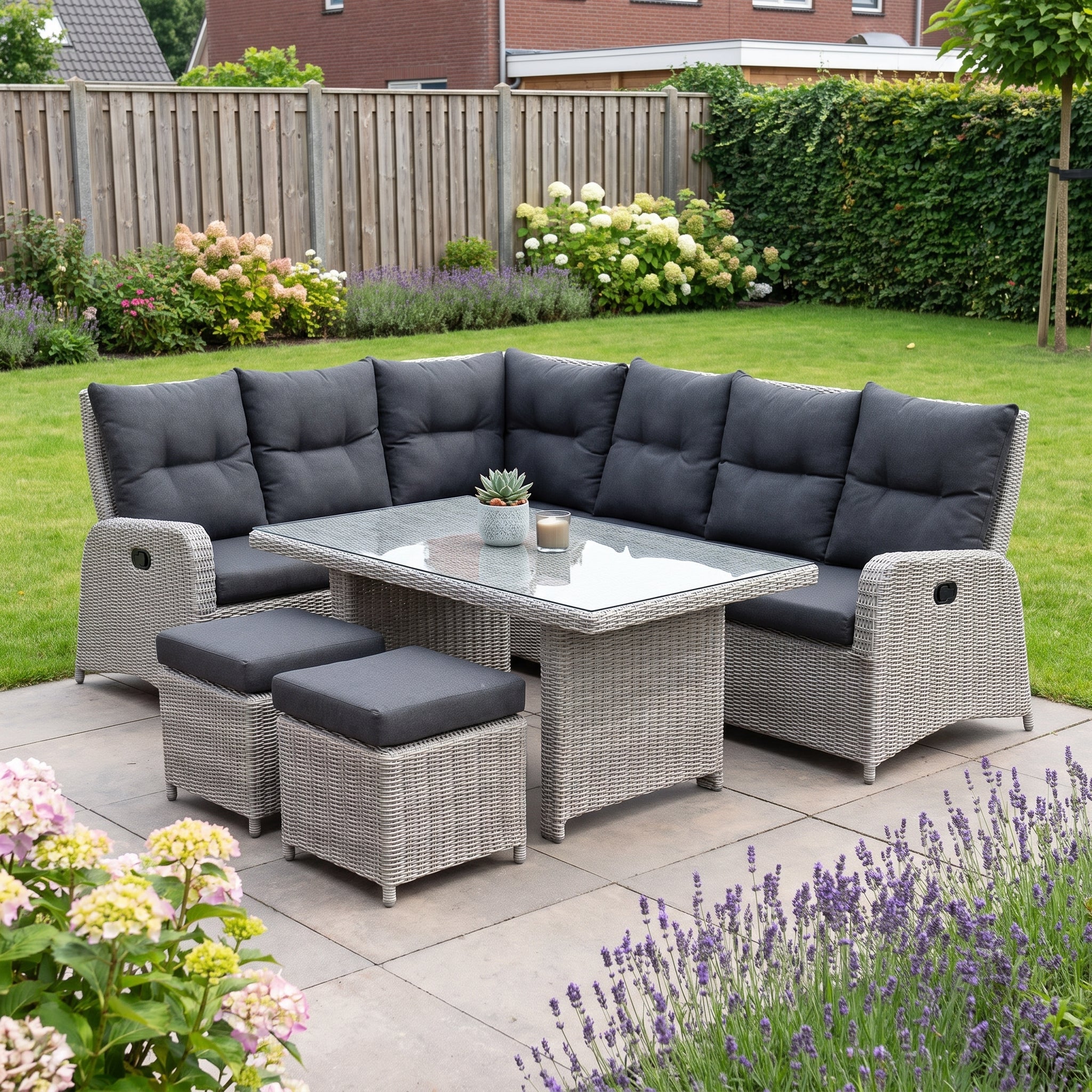 Florida Verstelbare Dining Loungeset Hoekbank - Light Kobo Grey / Hoge tafel in een sfeervolle tuin - Outnest tuinmeubelen