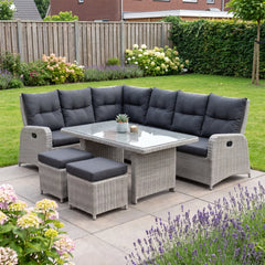 Florida Verstelbare Dining Loungeset Hoekbank - Light Kobo Grey / Hoge tafel in een sfeervolle tuin - Outnest tuinmeubelen