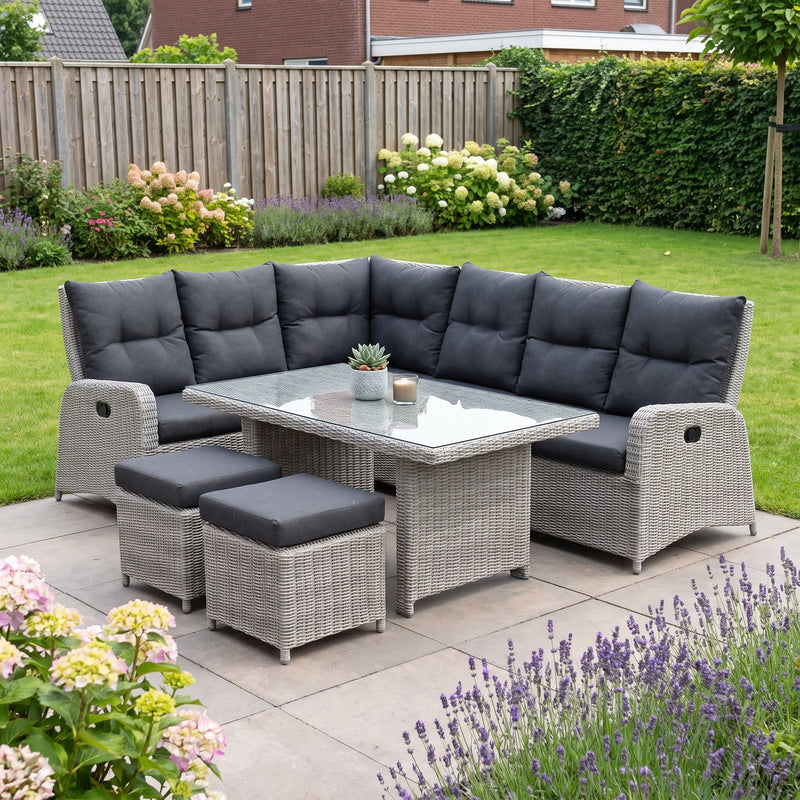 Florida Verstelbare Dining Loungeset Hoekbank - Light Kobo Grey / Hoge tafel in een sfeervolle tuin - Outnest tuinmeubelen