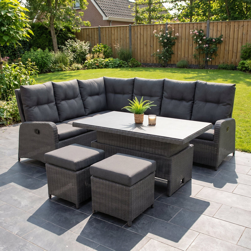 Florida Verstelbare Dining Loungeset Hoekbank - Rock Grey / Hoog/laag tafel in een sfeervolle tuin - Outnest tuinmeubelen