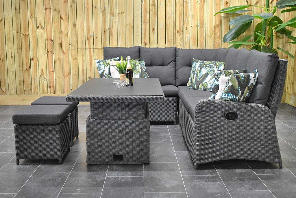 Outnest Florida Verstelbare Dining Loungeset Hoekbank Rock Grey zijaanzicht met hoge tafel en krukjes