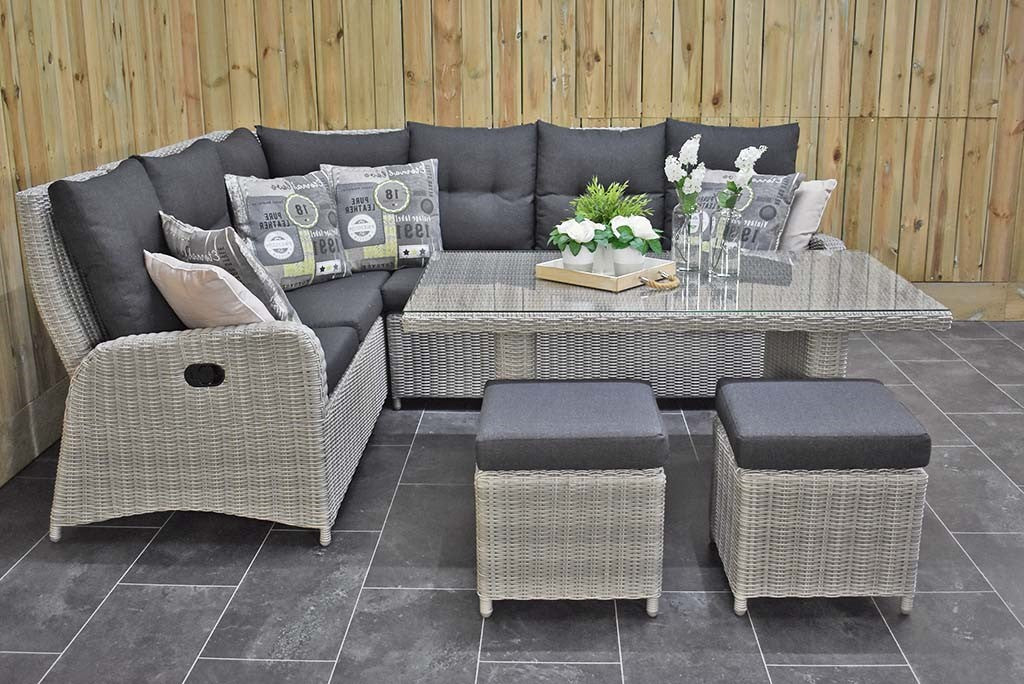 Outnest Florida Verstelbare Dining Loungeset Hoekbank Light Kobo Grey zijaanzicht met hoge tafel en krukjes