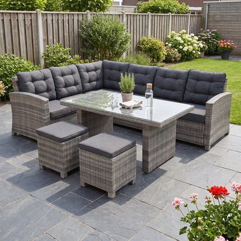 Las Palmas Dining Loungeset - Light Grey / Hoge tafel, glas / Links in een sfeervolle tuin - Outnest tuinmeubelen