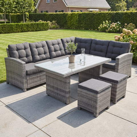 Las Palmas Dining Loungeset - Light Grey / Hoge tafel, glas / Rechts in een sfeervolle tuin - Outnest tuinmeubelen