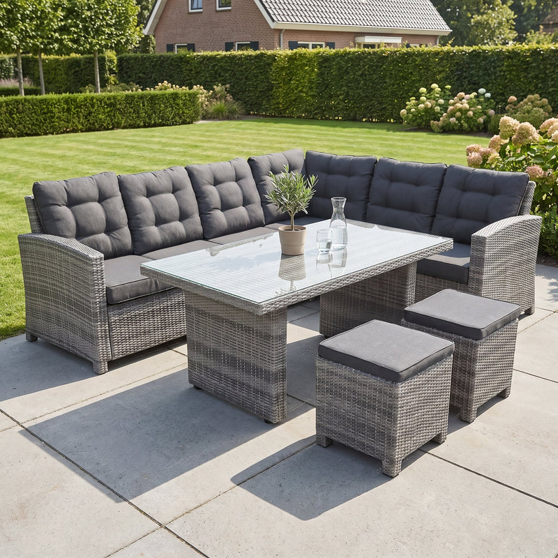 Las Palmas Dining Loungeset - Light Grey / Hoge tafel, glas / Rechts in een sfeervolle tuin - Outnest tuinmeubelen