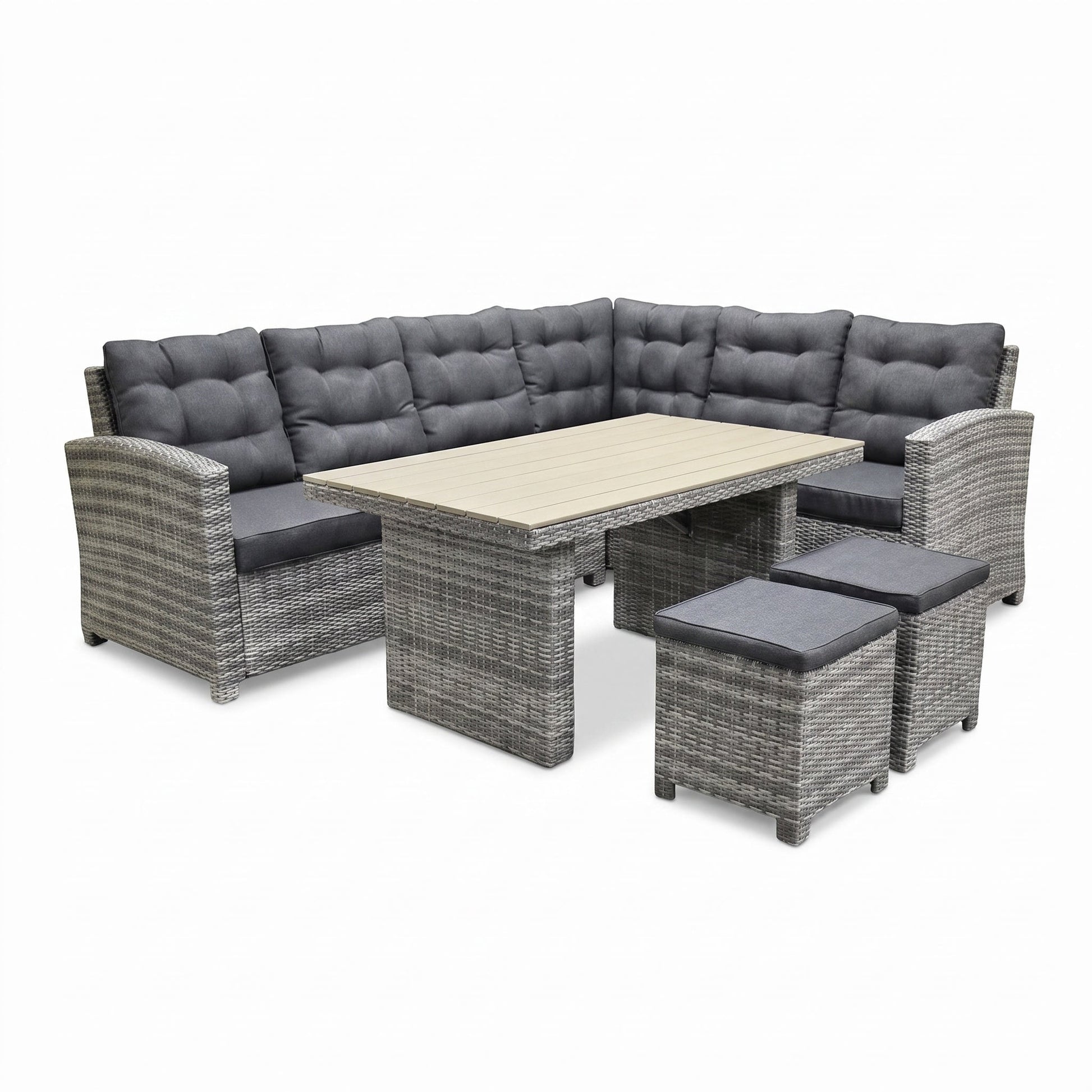 Las Palmas Dining Loungeset - Light Grey / Hoge tafel, polywood / Rechts in een sfeervolle tuin - Outnest tuinmeubelen