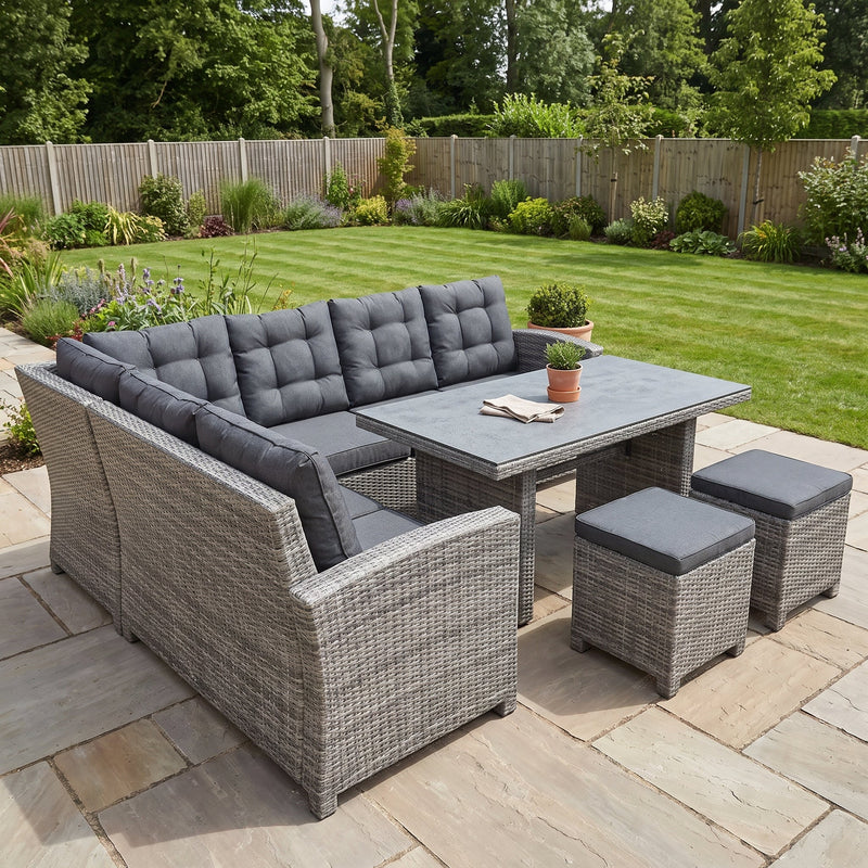 Las Palmas Dining Loungeset - Light Grey / Hoge tafel, spraystone / Links in een sfeervolle tuin - Outnest tuinmeubelen