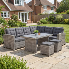 Las Palmas Dining Loungeset - Light Grey / Hoge tafel, spraystone / Rechts in een sfeervolle tuin - Outnest tuinmeubelen