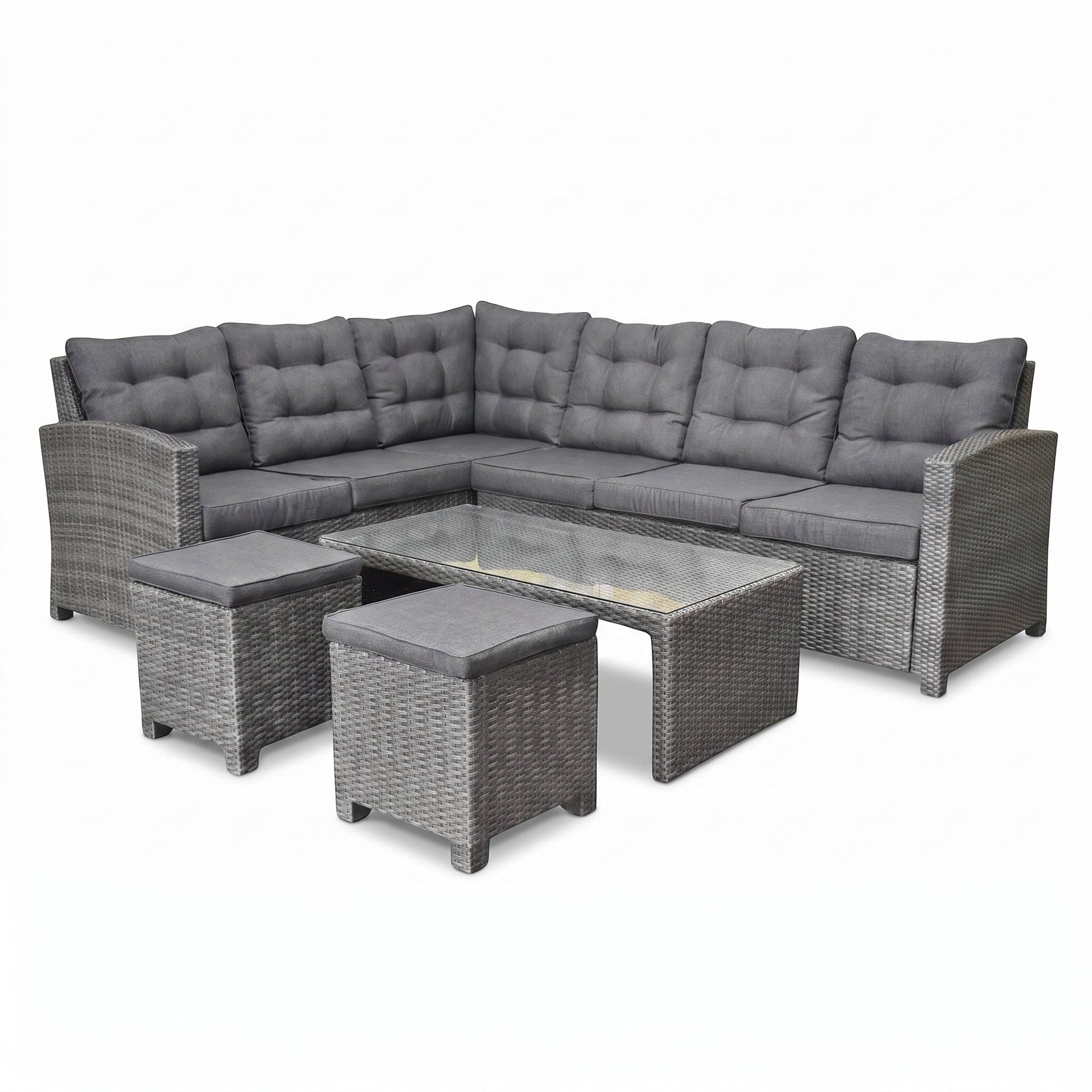 Las Palmas Hoek Loungeset - Dark Grey / Lage tafel, glas / Links in een sfeervolle tuin - Outnest tuinmeubelen