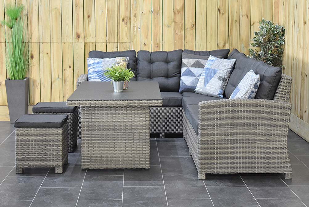 Outnest Las Palmas Light Grey hoekbank en hoge tafel zijaanzicht
